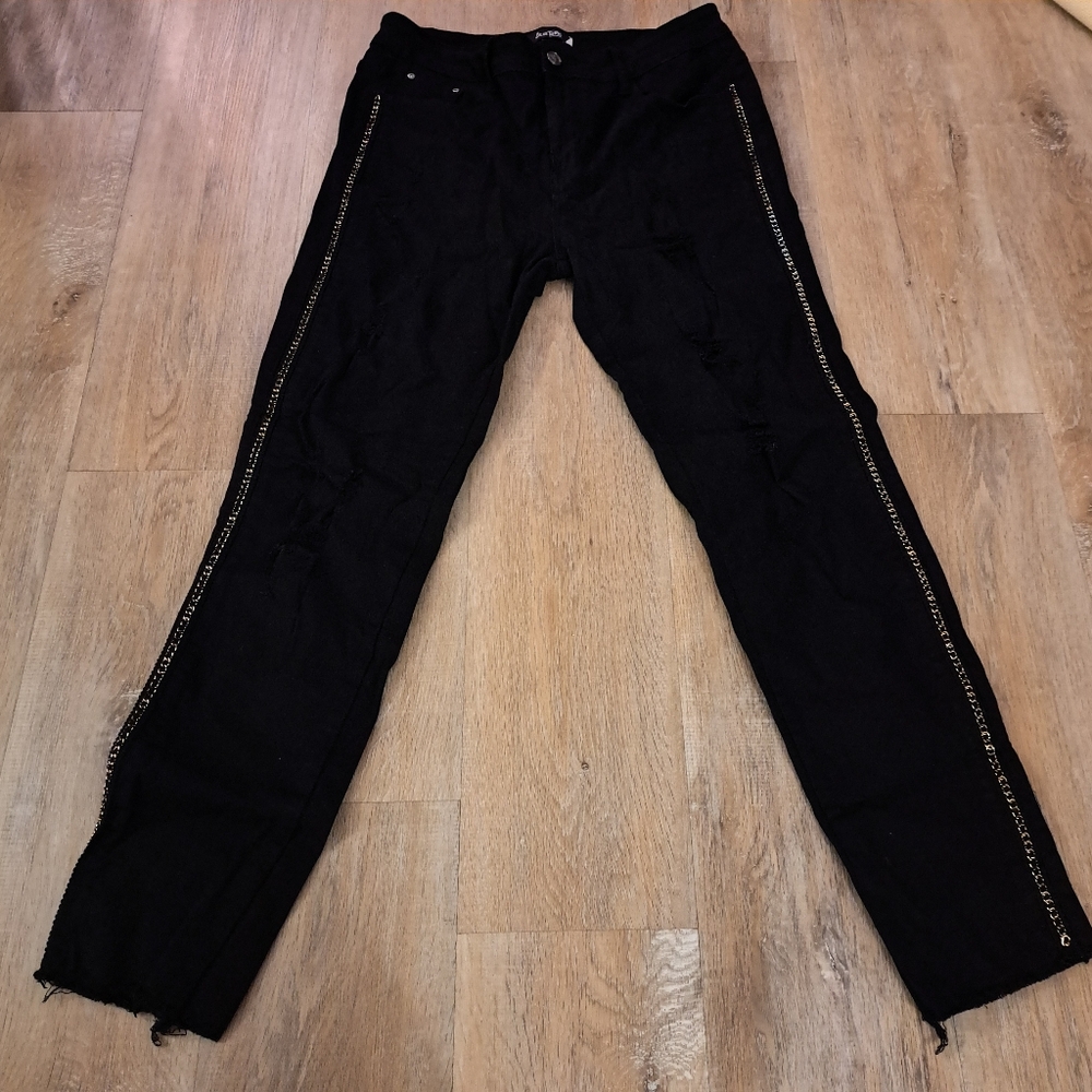 BLUE TOPIC Denim Collection Black Gold Chain Frayed Hem Distressed Jeans Size 15